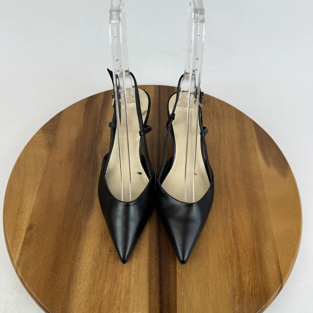 Womens Nine West Rowen Black Faux Leather Slingback Kitten Heeled Mules Size 7.5